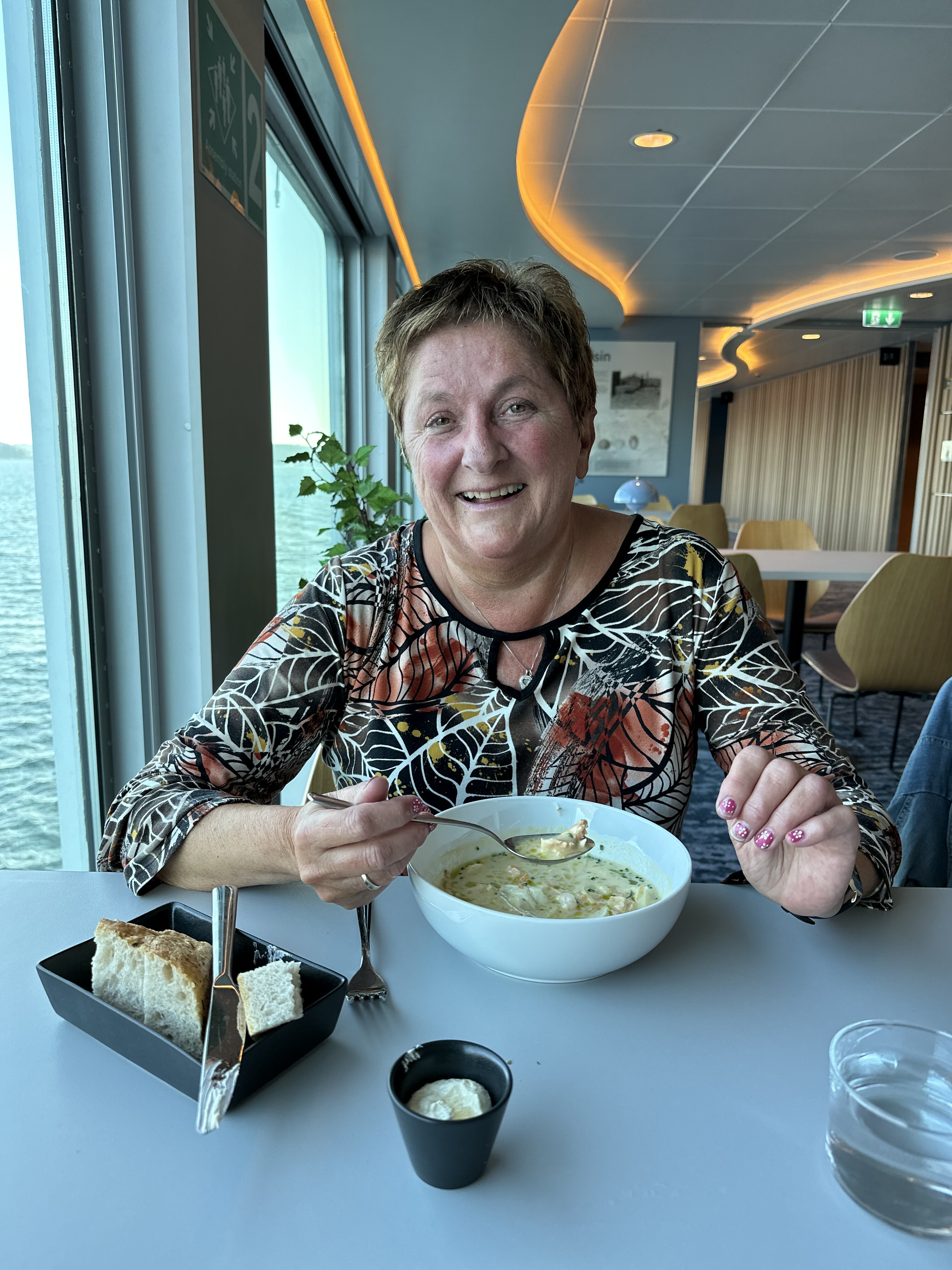 Anne Grethe eating fish soup