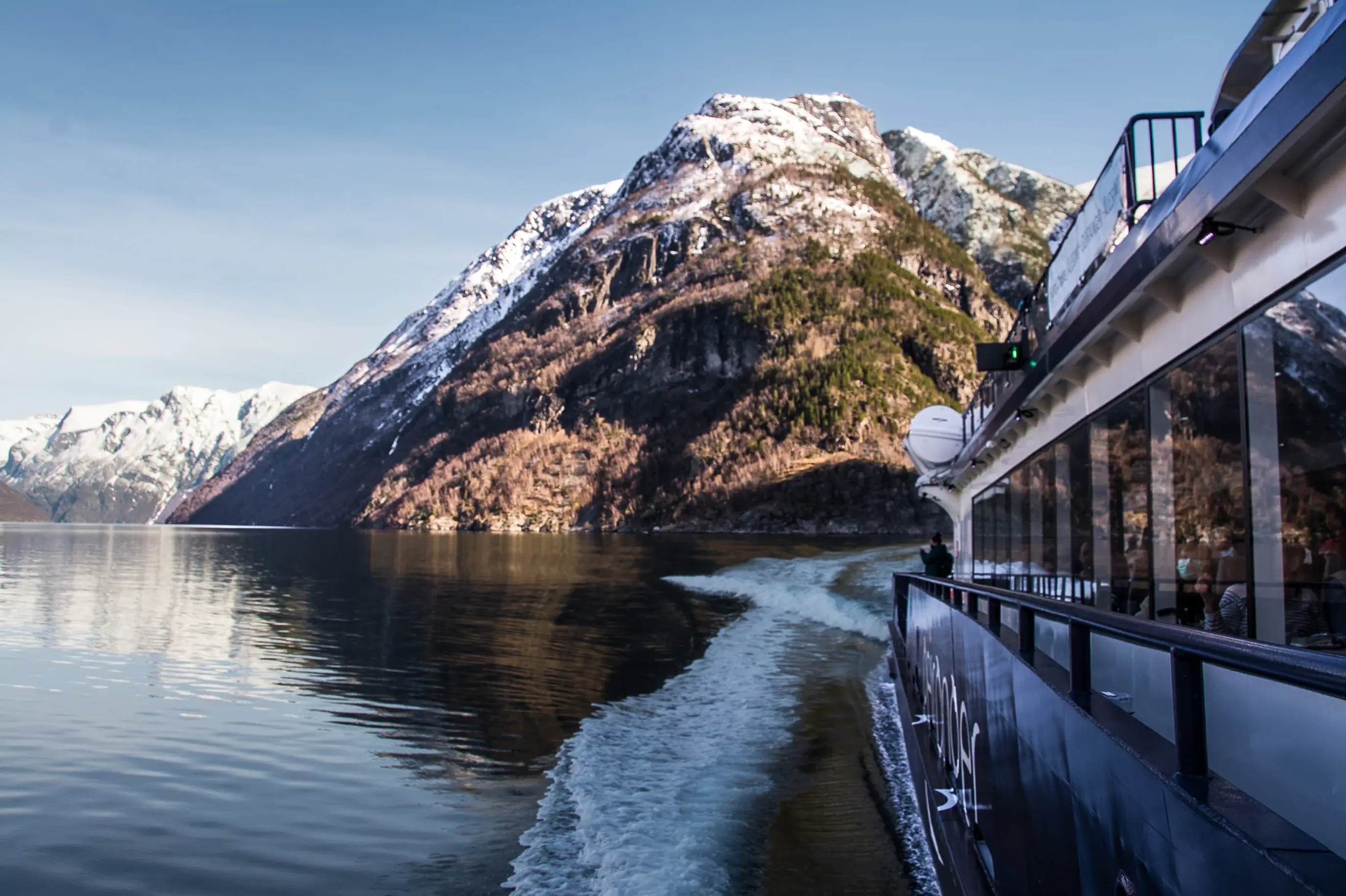 A boat in the Geirangerfjord during winter