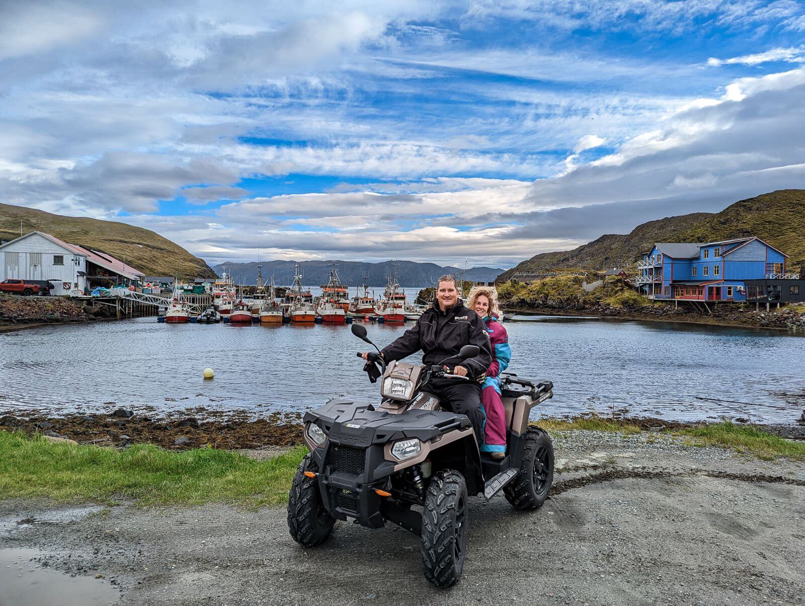 The couple on an ATV safari.